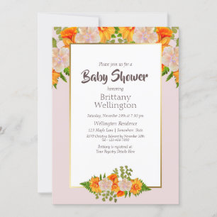 Baby Shower Gold Blush Pink Orange Floral Invitation