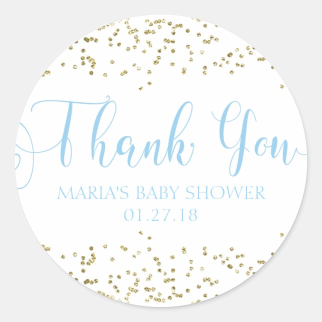Baby Shower Gold Confetti Blue Favour Thank You Ta Classic Round Sticker (Front)