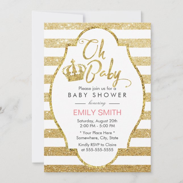 Baby Shower Gold Crown Modern Gold Glitter Stripes Invitation (Front)