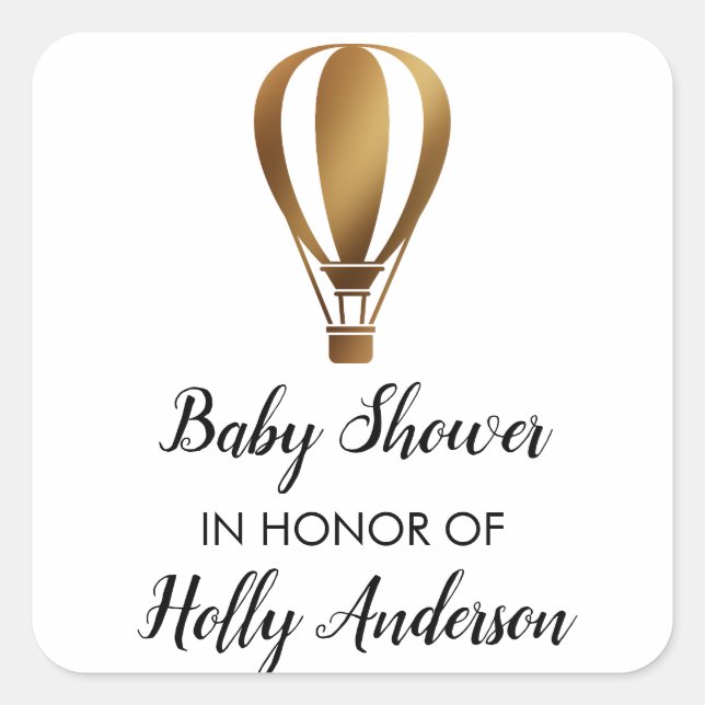 Baby Shower Gold Glitter Hot Air Balloon w/ Name Square Sticker (Front)