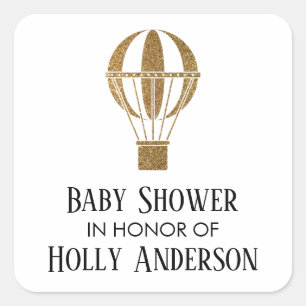 Baby Shower Gold Glitter Hot Air Balloon w/ Name Square Sticker