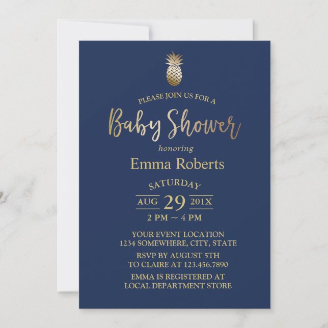 Baby Shower Gold Pineapple Elegant Navy Blue Invitation (Front)