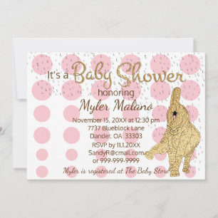 Baby Shower Gold Pink White Baby Elephant Invitation
