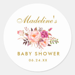 Baby Shower Gold Watercolor Pink Blush Floral Classic Round Sticker