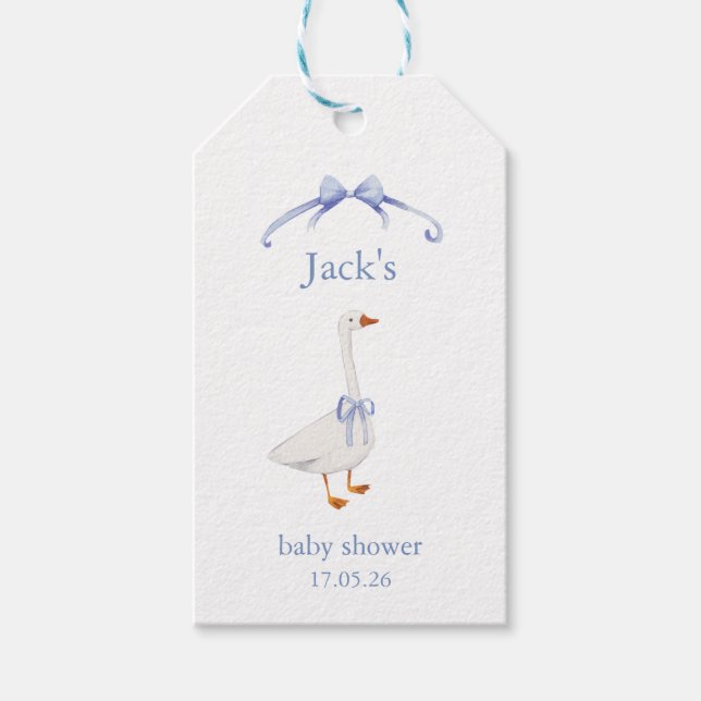 Baby shower goose blue gift tags (Front)