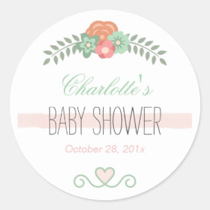 Baby Shower Graceful Chic Rose Pink Teal Floral Classic Round Sticker