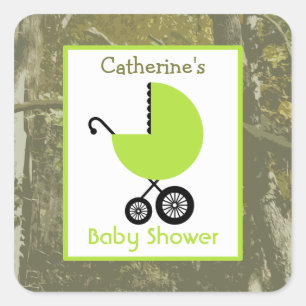 Baby Shower Green Carriage & Camouflage Square Sticker