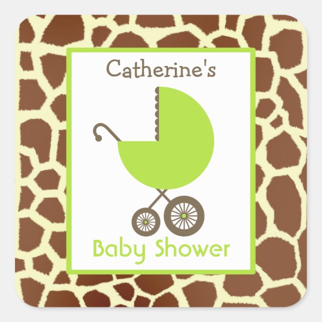 Baby Shower Green Carriage & Giraffe Print Square Sticker (Front)