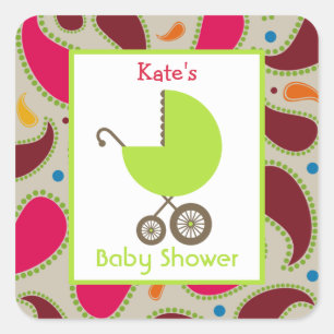 Baby Shower Green Carriage & Giraffe Print Square Sticker