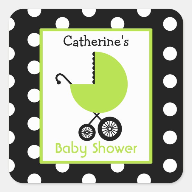 Baby Shower Green Carriage & Polka Dots Square Sticker (Front)