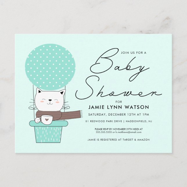 BABY SHOWER | Green Cat  Balloon Postcard (Front)