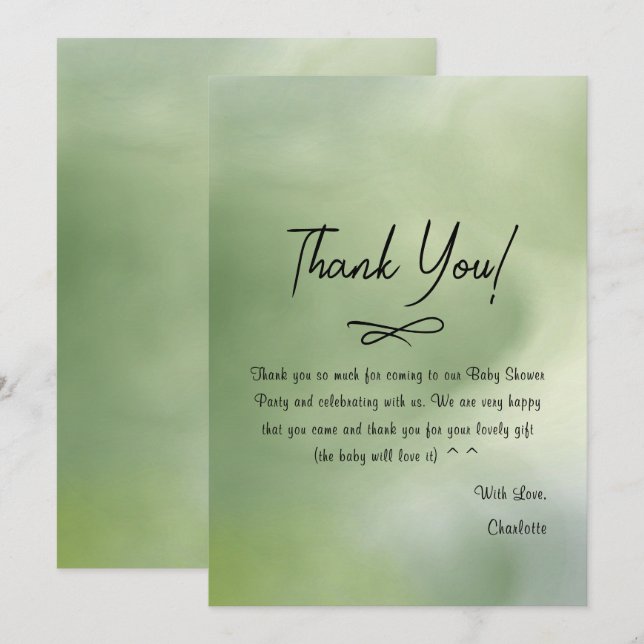 Baby Shower Green Watercolor Background Thank You Card (Front/Back)