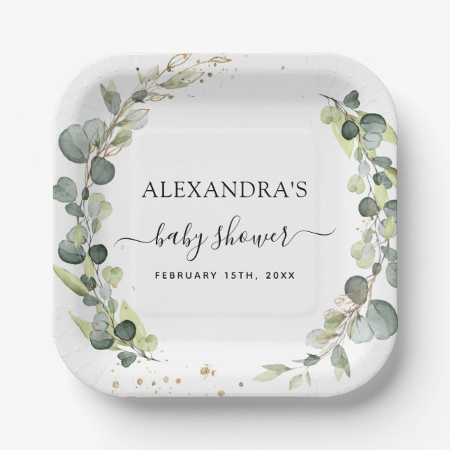 Baby Shower Greenery Elegant Watercolor Bohemian Paper Plate (Front)