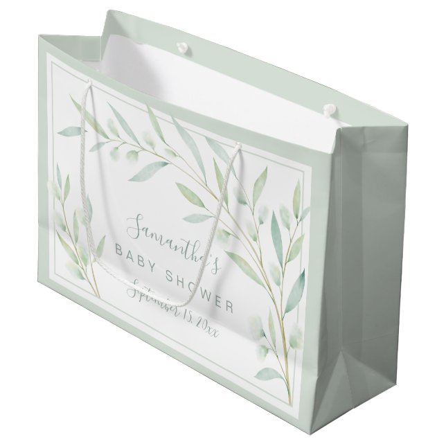 Baby Shower Greenery Elegant Watercolor Botanical Large Gift Bag (Front Angled)