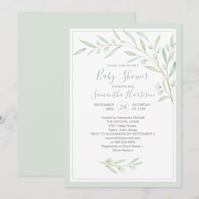 Baby Shower Greenery Elegant Watercolor Foliage Invitation (Front/Back)