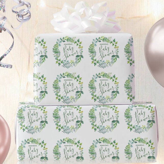 Baby Shower Greenery Wreath Personalised Name Wrapping Paper (Creator Uploaded)