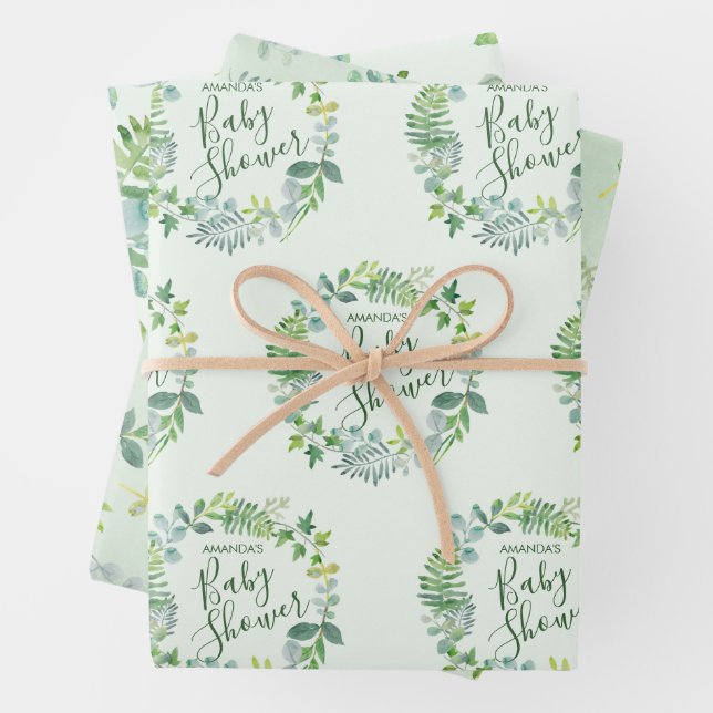 Baby Shower Greenery Wreath Personalised Wrapping Paper Sheet (In situ)