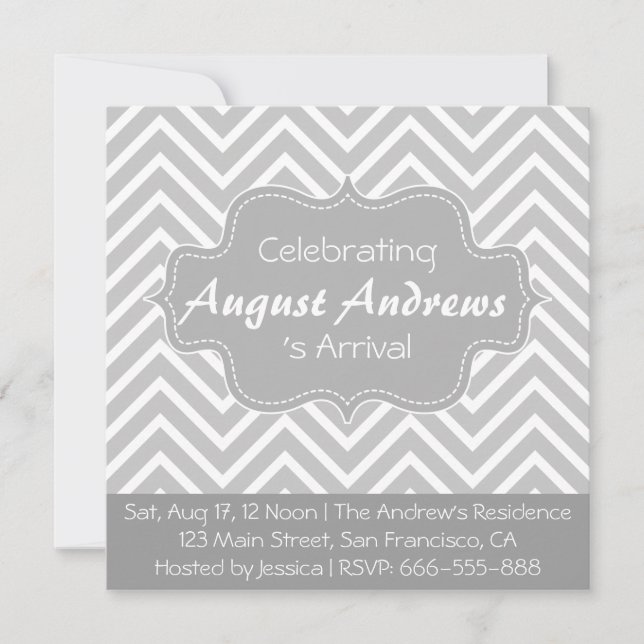 Baby Shower: Grey and White Chevron Pattern Invitation (Front)