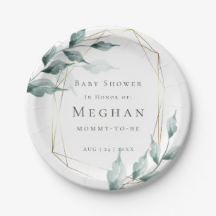 Baby Shower   Greyed Jade Green Botanical Paper Plate