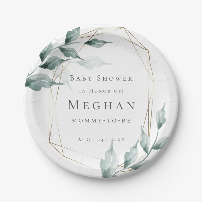Baby Shower | Greyed Jade Green Botanical Paper Plate (Front)