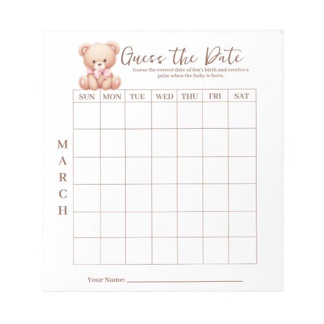 Baby Shower Guess the Date Game Activity Notepad (Front)