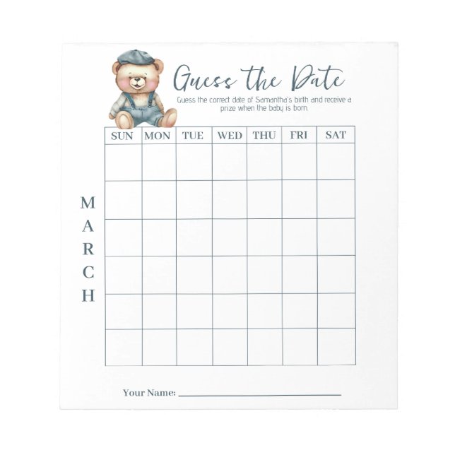 Baby Shower Guess the Date Game Activity Notepad (Front)
