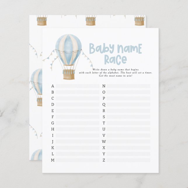Baby shower guess the name modern hot air balloon (Front/Back)