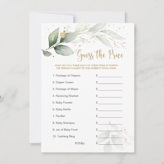 Baby Shower Guess the Price Game Greenery Foliage (Front)
