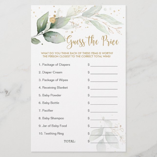 Baby Shower Guess the Price Game Greenery Foliage Stationery (Front)