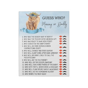Baby Shower Guess Who Game Highland cow Blue Notepad