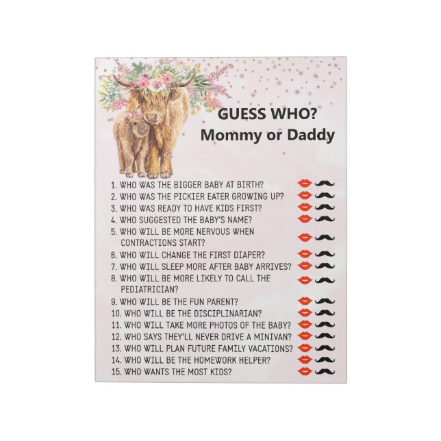 Baby Shower Guess Who Game Highland cow  Notepad (Rotated)