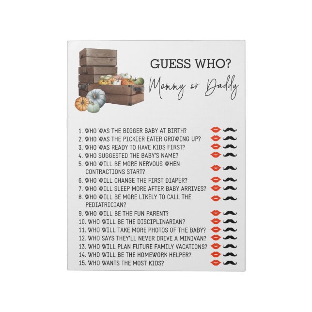 Baby Shower Guess Who Game Pumpkin Autumn  Notepad (Rotated)