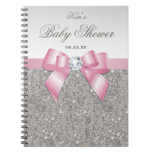 Baby Shower Guestbook Faux Silver Sequins Pink Bow Notebook