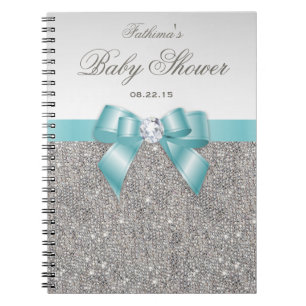 Baby Shower Guestbook Faux Silver Sequins Teal Bow Notebook