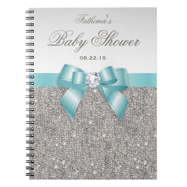 Baby Shower Guestbook Faux Silver Sequins Teal Bow Notebook (Front)