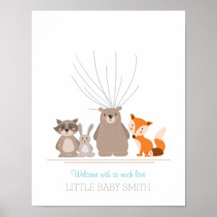 Baby shower guestbook fingerprints woodland blue