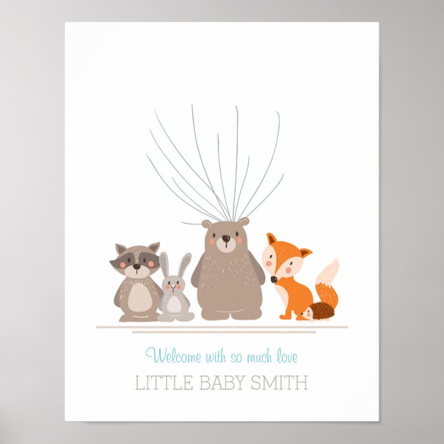 Baby shower guestbook fingerprints woodland blue (Front)