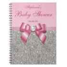 Baby Shower Guestbook Silver Sequins Pink Bow