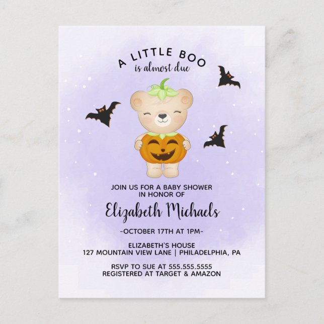 BABY SHOWER HALLOWEEN | A Little Boo Is Due Postcard (Front)