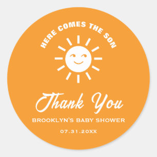 Baby Shower Here Comes The Son Sun Orange White Classic Round Sticker
