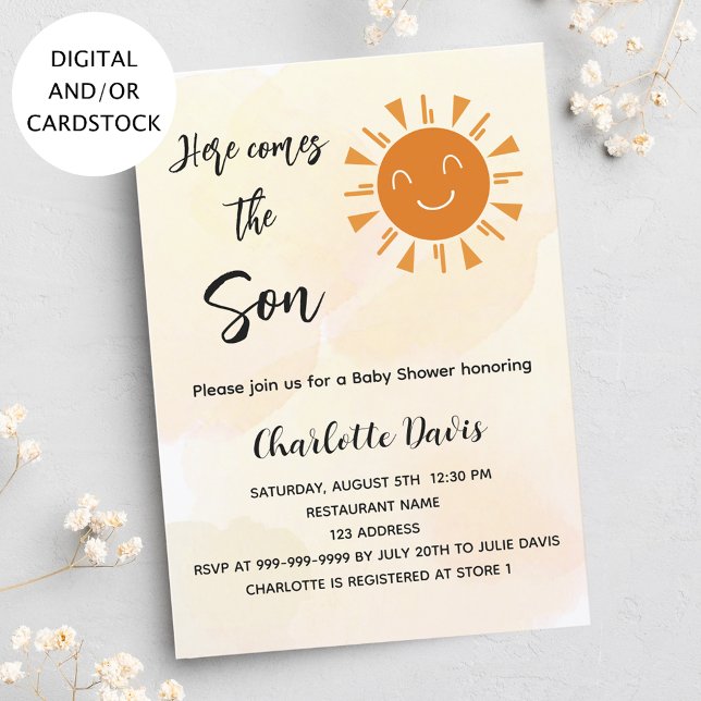 Baby Shower here comes the son sunshine golden Invitation (Creator Uploaded)