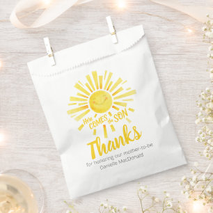 Baby shower here comes the sun yellow thank you favour bags