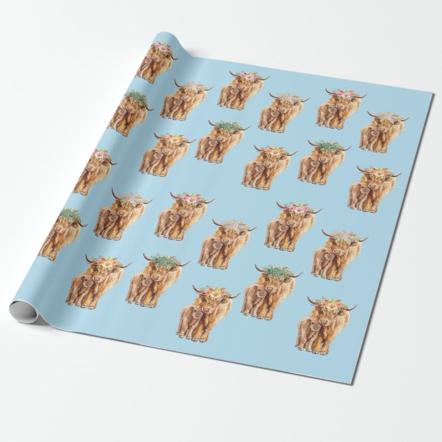 Baby Shower Highland Cow and Calf Watercolor    Wrapping Paper (Unrolled)