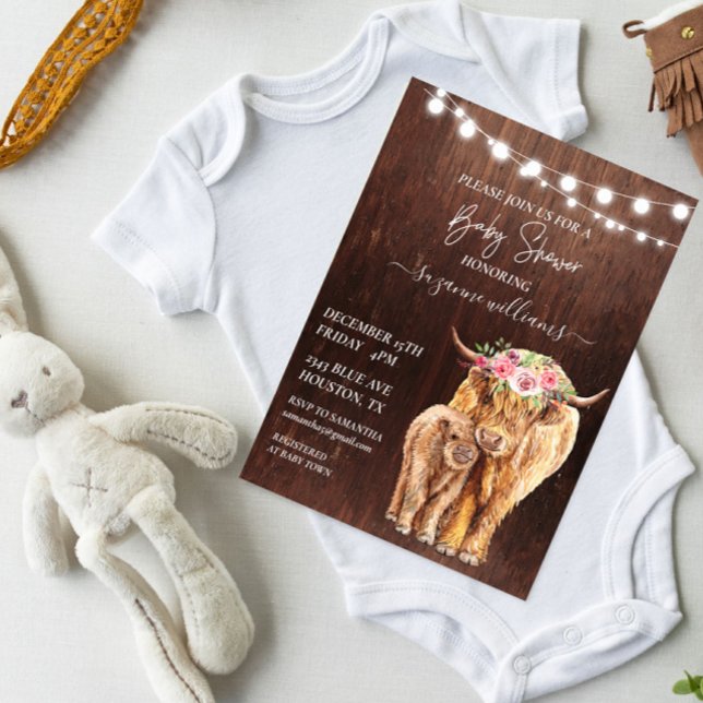 Baby Shower Highland Cow Calf Wood Rustic  Invitation (Creator Uploaded)