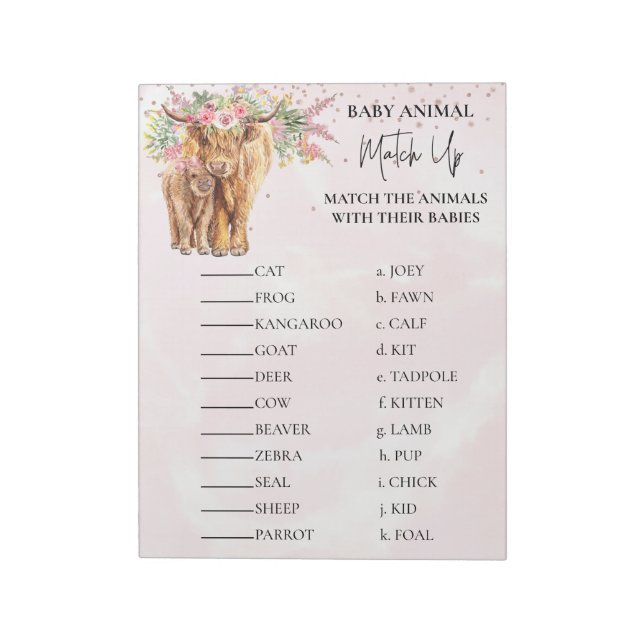 Baby Shower Highland cow Pink Animal Match Up  Notepad (Rotated)