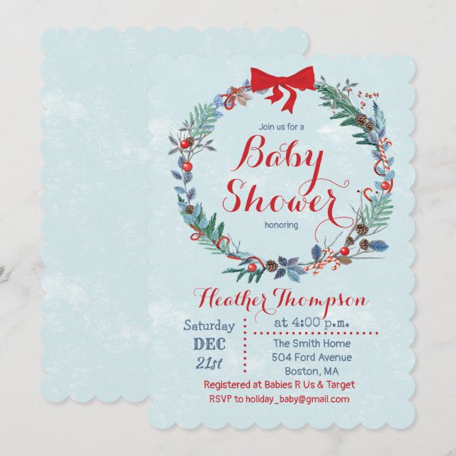 Baby Shower Holiday Christmas Wreath Invitation (Front/Back)