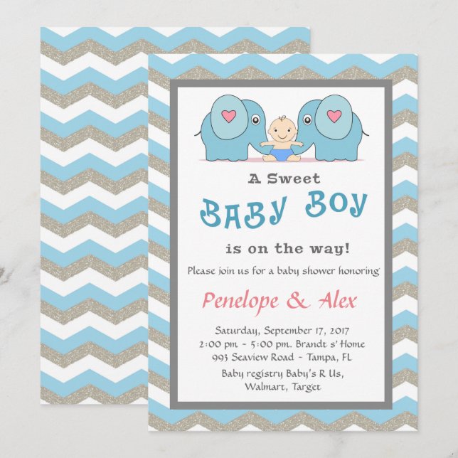 Baby Shower honouring Boy, blue, white, colour Invitation (Front/Back)