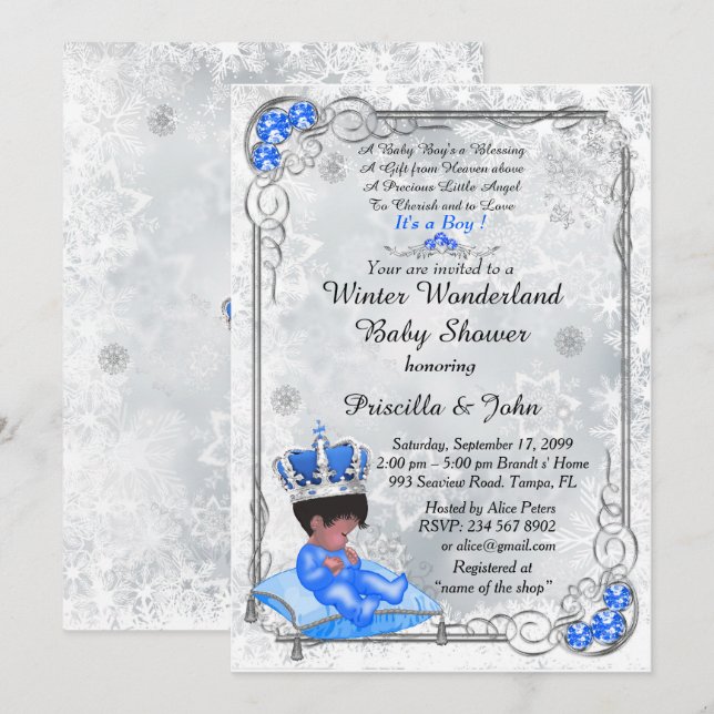 Baby Shower honouring BOY,Prince Boy,Silver & Blue Invitation (Front/Back)