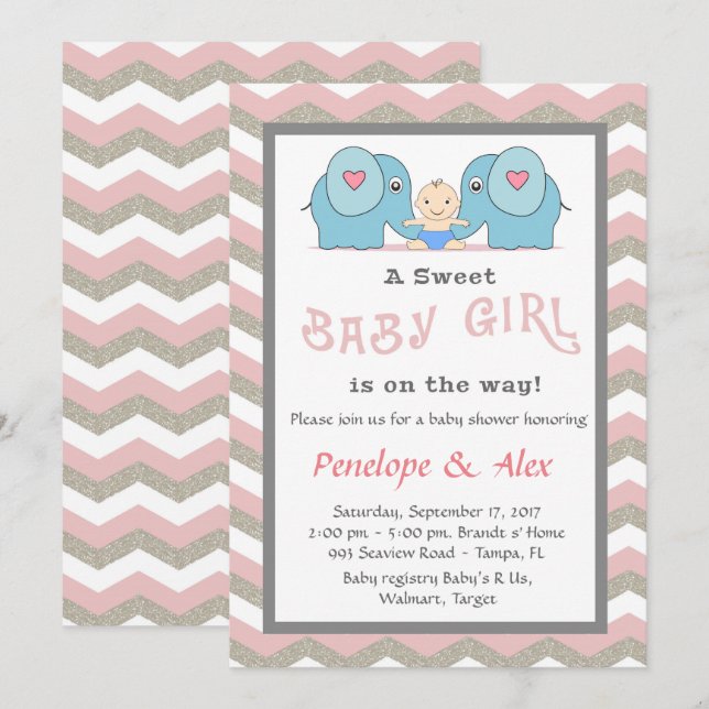 Baby Shower honouring Girl, pink, white, colour Invitation (Front/Back)