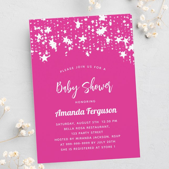 Baby Shower hot pink white stars girl luxury Invitation (Creator Uploaded)